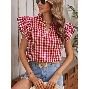 Women's Summer V Neck Ruffle Sleeve Shirt Retro Gingham Casual Blouse Shirts Tops
