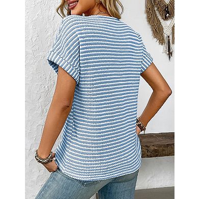Womens Trendy Summer V Neck Loose Striped Casual Basic T Shirts Blouses