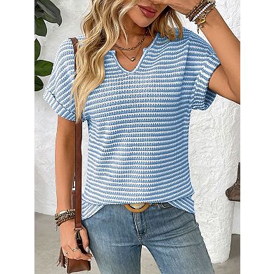 Womens Trendy Summer V Neck Loose Striped Casual Basic T Shirts Blouses