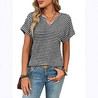 Womens Trendy Summer V Neck Loose Striped Casual Basic T Shirts Blouses