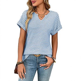 Womens Trendy Summer V Neck Loose Striped Casual Basic T Shirts Blouses