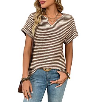 Womens Trendy Summer V Neck Loose Striped Casual Basic T Shirts Blouses