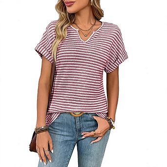 Womens Trendy Summer V Neck Loose Striped Casual Basic T Shirts Blouses