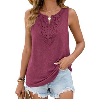 Womens Tops Summer V Neck Sleeveless Shirts Loose Fit Lace Boho Blouse