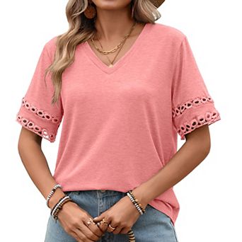 Womens Shirts Basic V Neck Trendy Tops Casual Short Sleeve Tops Fashion Lightweight Soft Summer