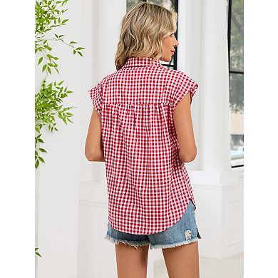 Womens Plaid Button Down Shirts Casual Short Sleeve Gingham Tops