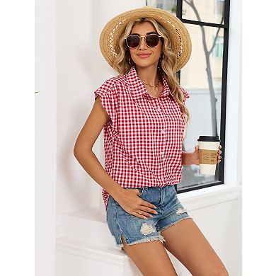 Womens Plaid Button Down Shirts Casual Short Sleeve Gingham Tops