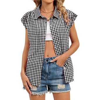 Womens Plaid Button Down Shirts Casual Short Sleeve Gingham Tops