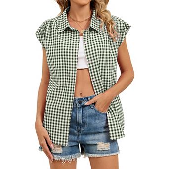 Womens Plaid Button Down Shirts Casual Short Sleeve Gingham Tops
