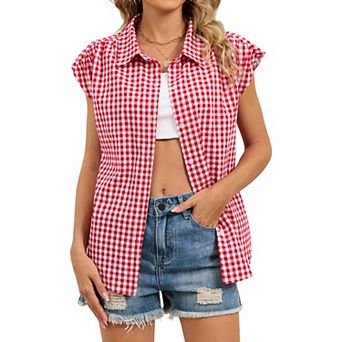 Womens Plaid Button Down Shirts Casual Short Sleeve Gingham Tops