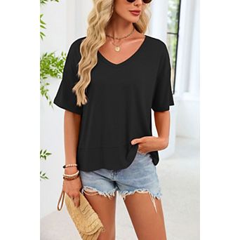 Womens Summer V Neck T Shirts Casual Short Sleeve Flowy Tops Cute Loose Fit Basic Tees