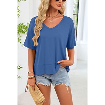 Womens Summer V Neck T Shirts Casual Short Sleeve Flowy Tops Cute Loose Fit Basic Tees