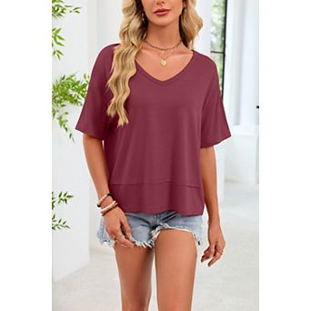 Womens Summer V Neck T Shirts Casual Short Sleeve Flowy Tops Cute Loose Fit Basic Tees