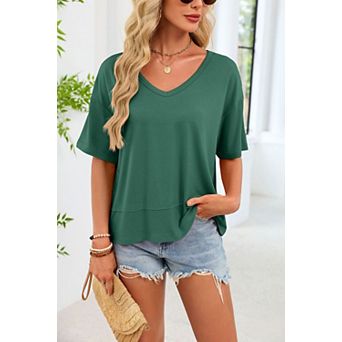 Womens Summer V Neck T Shirts Casual Short Sleeve Flowy Tops Cute Loose Fit Basic Tees