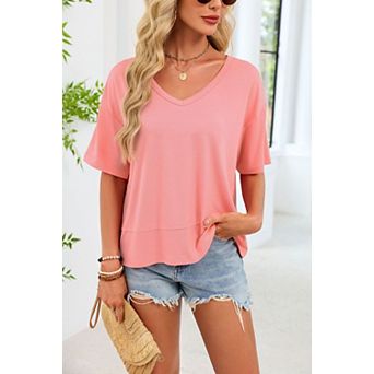 Womens Summer V Neck T Shirts Casual Short Sleeve Flowy Tops Cute Loose Fit Basic Tees