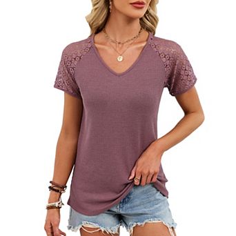 Womens V Neck Shirts Dressy Lace Short Sleeve Basic Tee Tops Summer Casual Shirts