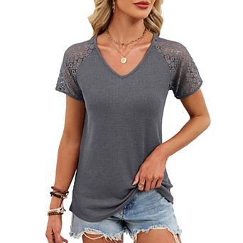 Womens V Neck Shirts Dressy Lace Short Sleeve Basic Tee Tops Summer Casual Shirts
