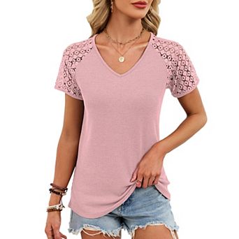 Womens V Neck Shirts Dressy Lace Short Sleeve Basic Tee Tops Summer Casual Shirts