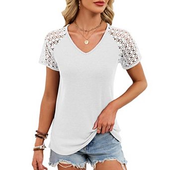 Womens V Neck Shirts Dressy Lace Short Sleeve Basic Tee Tops Summer Casual Shirts