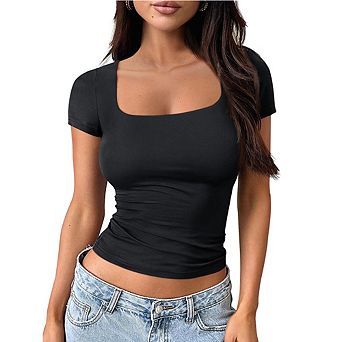 Womens Summer Square Neck Tops Double Lined Short Sleeve Shirts Slim Fit Crop Top