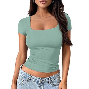 Womens Summer Square Neck Tops Double Lined Short Sleeve Shirts Slim Fit Crop Top