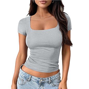Womens Summer Square Neck Tops Double Lined Short Sleeve Shirts Slim Fit Crop Top