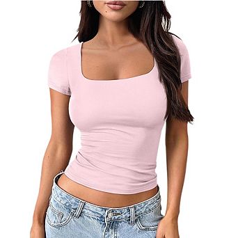 Womens Summer Square Neck Tops Double Lined Short Sleeve Shirts Slim Fit Crop Top