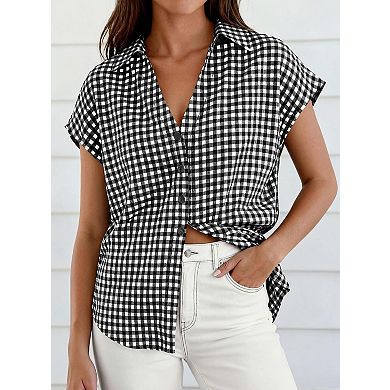 Womens Short Sleeve Shirts Plaid Button Down Blouse Dressy Casual Gingham Tops