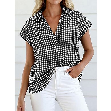 Womens Short Sleeve Shirts Plaid Button Down Blouse Dressy Casual Gingham Tops