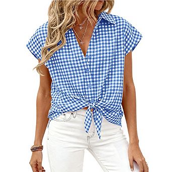 Womens Short Sleeve Shirts Plaid Button Down Blouse Dressy Casual Gingham Tops