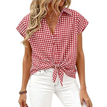 Womens Short Sleeve Shirts Plaid Button Down Blouse Dressy Casual Gingham Tops