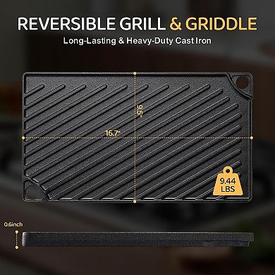 Reversible Grill/Griddle, Rectangular Non-Stick Stovetop Griddle with Handles