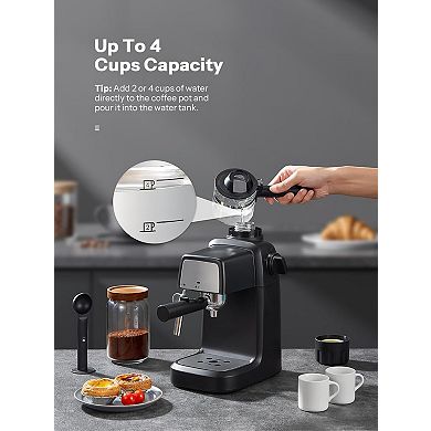Compact coffee machine with steam stick, suitable for home and office use