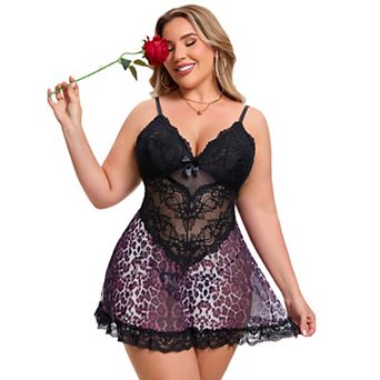 Plus Size Lingerie for Women Lace V Neck Mesh Sleepwear See Through Sleeveless Chemise