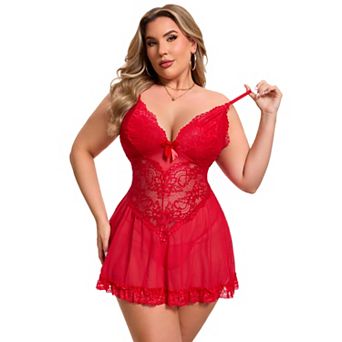 Plus Size Lingerie for Women Lace V Neck Mesh Sleepwear See Through Sleeveless Chemise