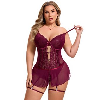 Womens Lace Lingerie Set Cut Out Skirt Bodysuit Underwired Nightgown with Garter Belt