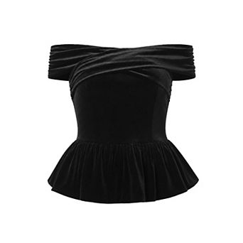 Women's Evening Velvet Top Off Shoulder Cocktail Formal Peplum Top