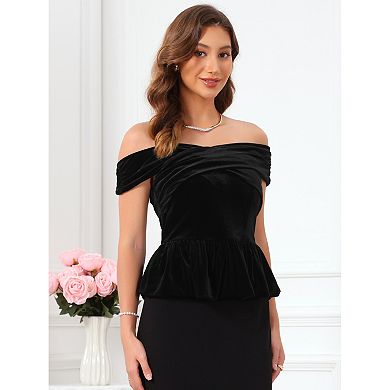 Women's Evening Velvet Top Off Shoulder Cocktail Formal Peplum Top