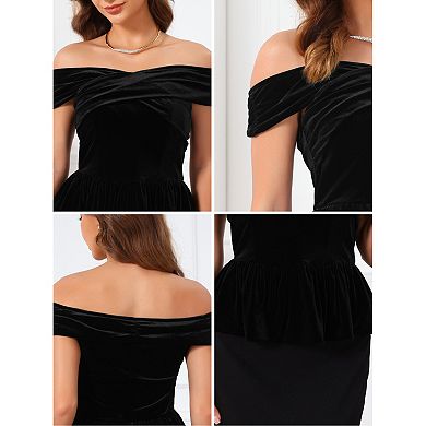 Women's Evening Velvet Top Off Shoulder Cocktail Formal Peplum Top