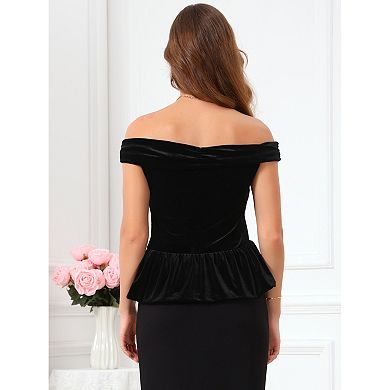 Women's Evening Velvet Top Off Shoulder Cocktail Formal Peplum Top