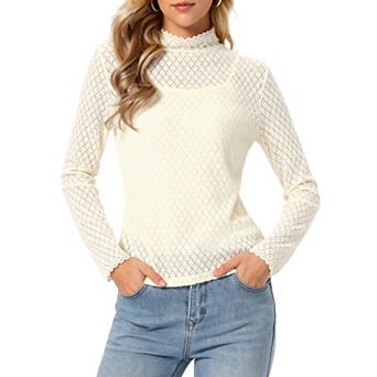 Sheer Lace Blouse for Women's Mock Neck Long Sleeve Casual Pullover Fall Winter T-Shirts Top