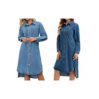 2 Packs Women's Denim Dress Button Down Curved Hem Fall Long Sleeve Midi Jean Shirt Dresses