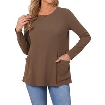 Women's Casual Top Round Neck Stretchy Long Sleeve Dressy Loose Fit Blouse Tunic Fall Tops