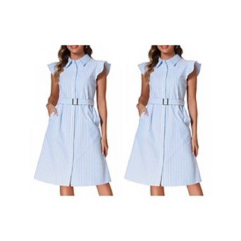 2 Packs Striped Shirt Dress for Women's Casual V Neck Flutter Sleeve Button Down Dresses with Belt