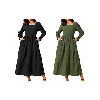 2 Packs Women's Fall Dress Long Sleeve Square Neck Flowy Casual Midi Dress Tiered Dress with Pockets