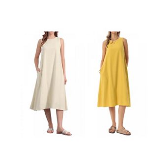 2 Packs Women's Linen Sleeveless Dresses Crewneck Loose Fit Shift Casual Tank Dress with Pockets