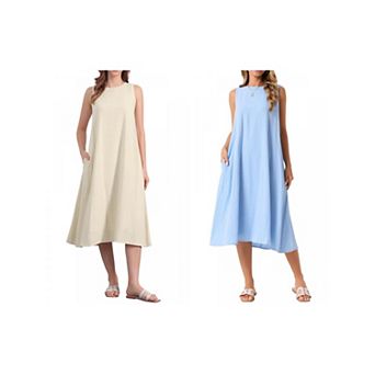 2 Packs Women's Linen Sleeveless Dresses Crewneck Loose Fit Shift Casual Tank Dress with Pockets