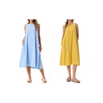 2 Packs Women's Linen Sleeveless Dresses Crewneck Loose Fit Shift Casual Tank Dress with Pockets