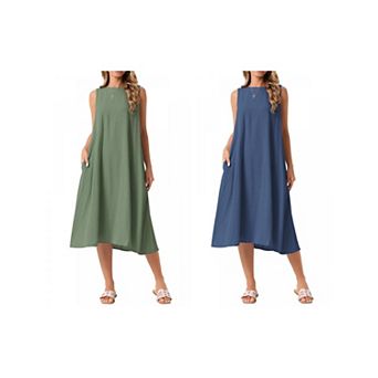 2 Packs Women's Linen Sleeveless Dresses Crewneck Loose Fit Shift Casual Tank Dress with Pockets