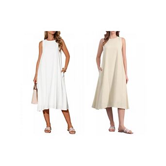 2 Packs Women's Linen Sleeveless Dresses Crewneck Loose Fit Shift Casual Tank Dress with Pockets